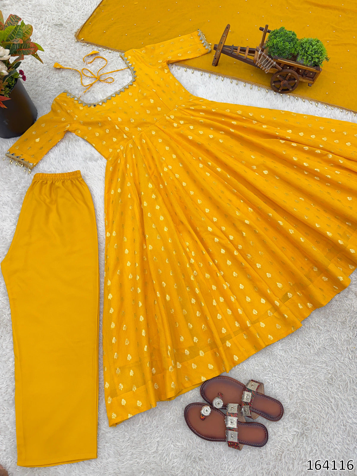 Chanderi Jacquard Butti With Embroidery Work Gown And Dupatta Set Fully Stitched  MRN 164116