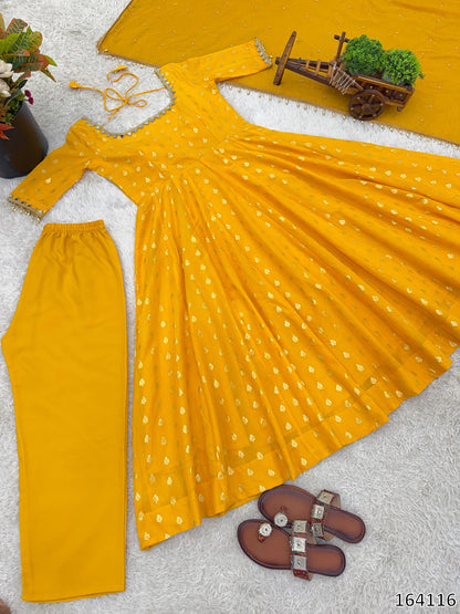 Chanderi Jacquard Butti With Embroidery Work Gown And Dupatta Set Fully Stitched  MRN 164116