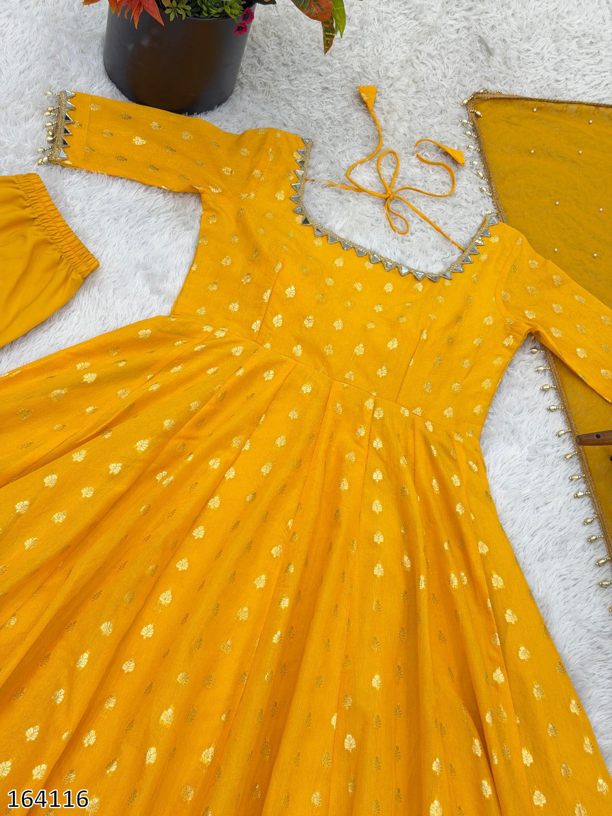 Chanderi Jacquard Butti With Embroidery Work Gown And Dupatta Set Fully Stitched  MRN 164116