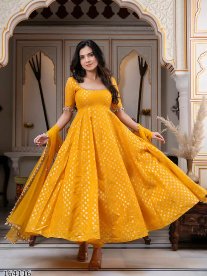 Chanderi Jacquard Butti With Embroidery Work Gown And Dupatta Set Fully Stitched  MRN 164116