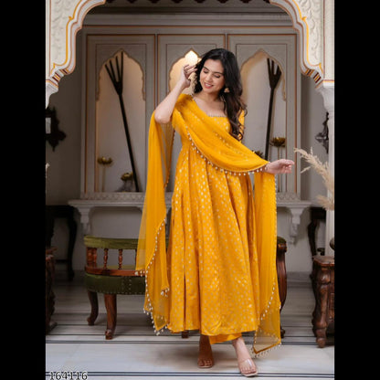 Chanderi Jacquard Butti With Embroidery Work Gown And Dupatta Set Fully Stitched  MRN 164116
