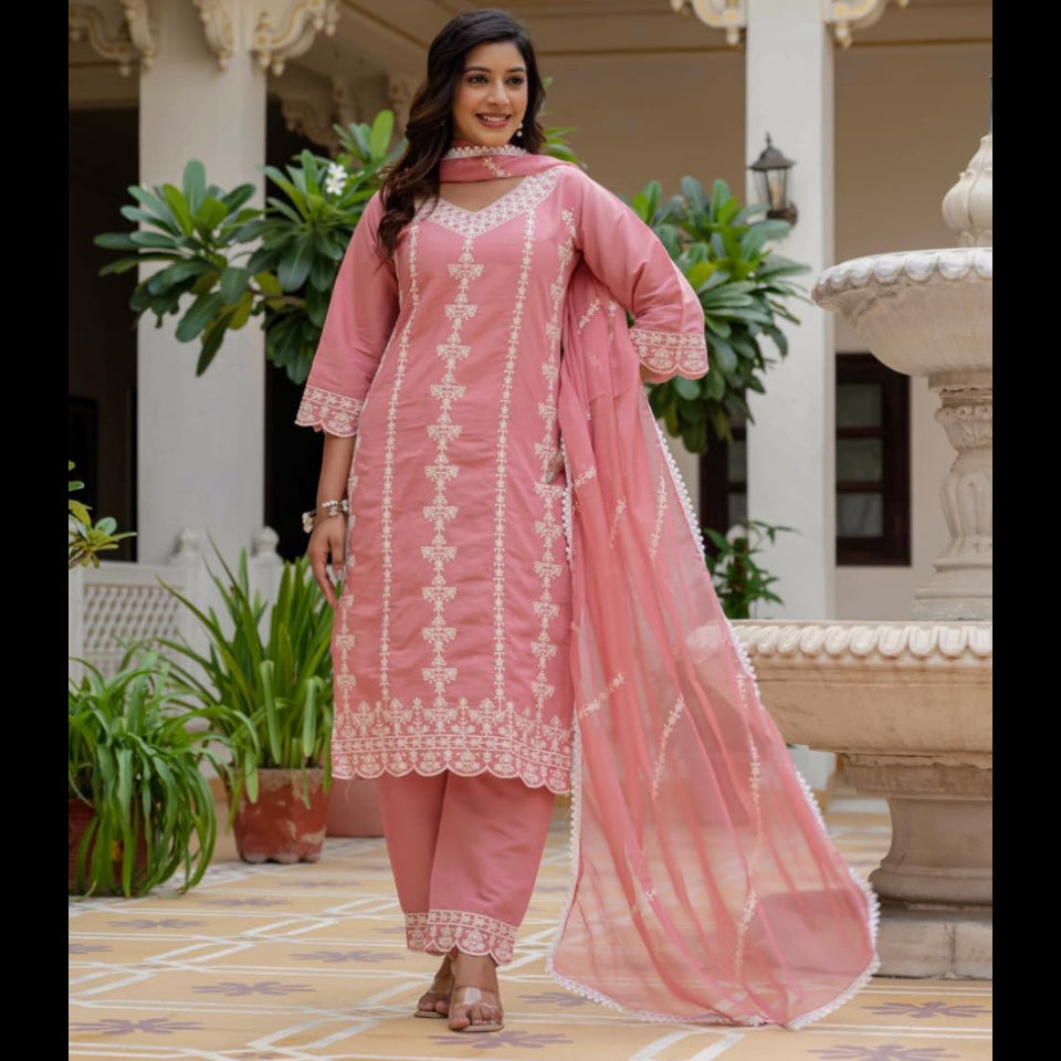 Women's Roman silk with cotton Lining Embroidery work with Pant and Dupatta - BNK1774