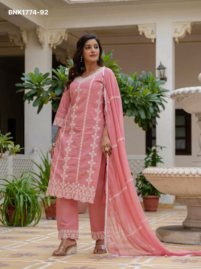 Women's Roman silk with cotton Lining Embroidery work with Pant and Dupatta - BNK1774