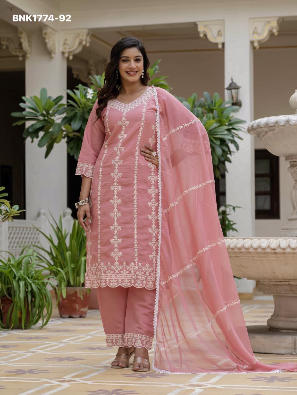 Women's Roman silk with cotton Lining Embroidery work with Pant and Dupatta - BNK1774