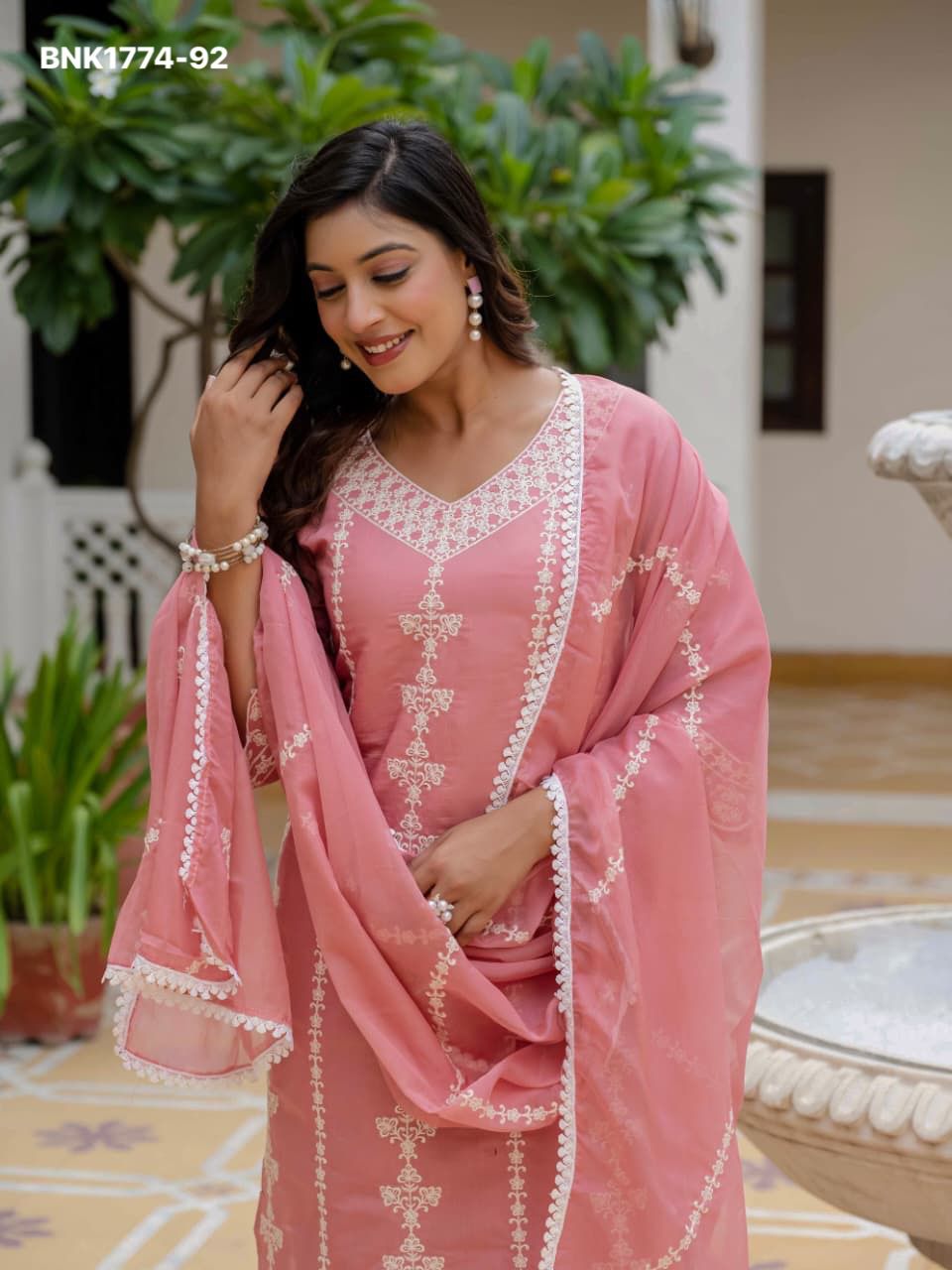 Women's Roman silk with cotton Lining Embroidery work with Pant and Dupatta - BNK1774