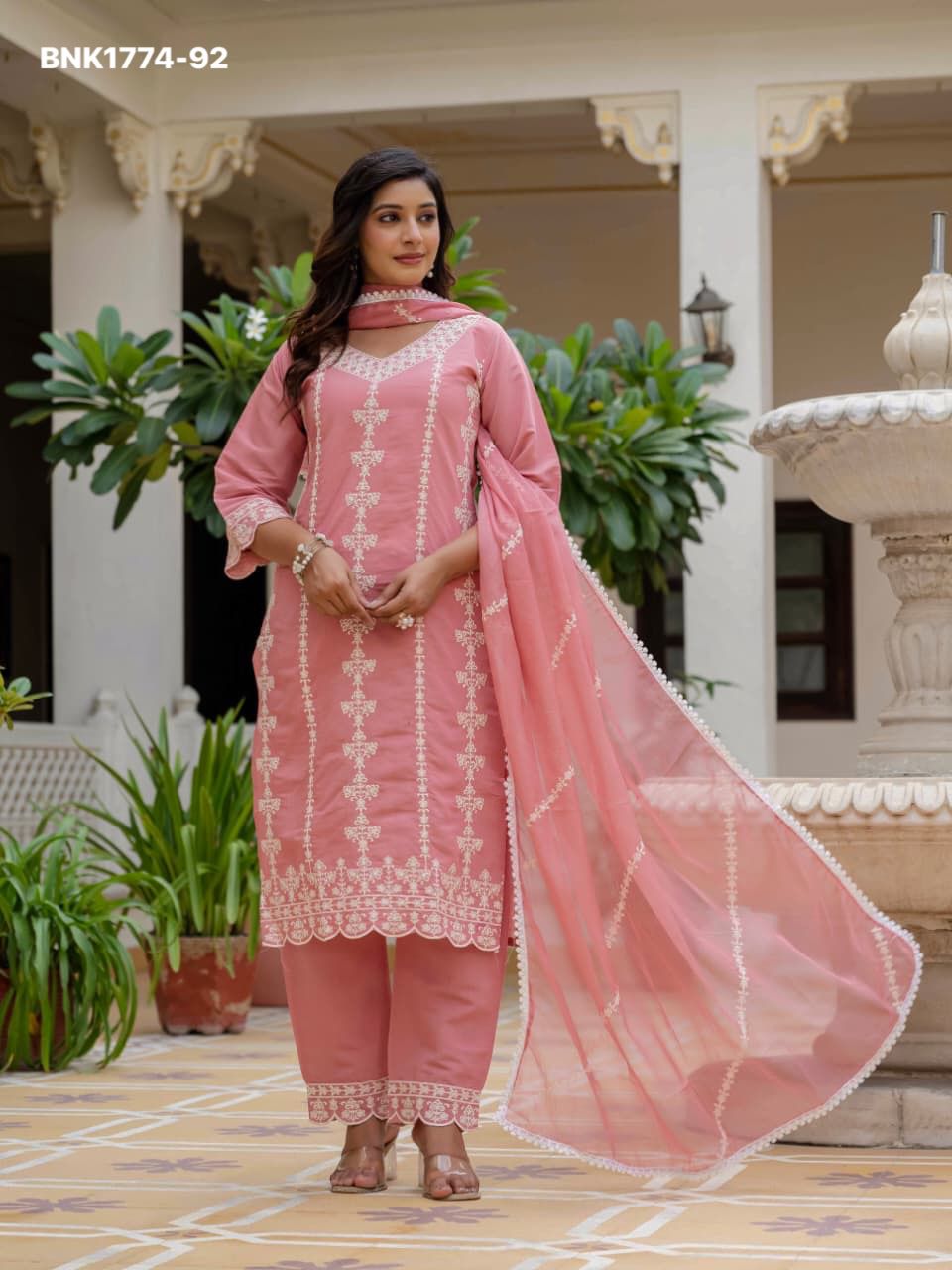 Women's Roman silk with cotton Lining Embroidery work with Pant and Dupatta - BNK1774