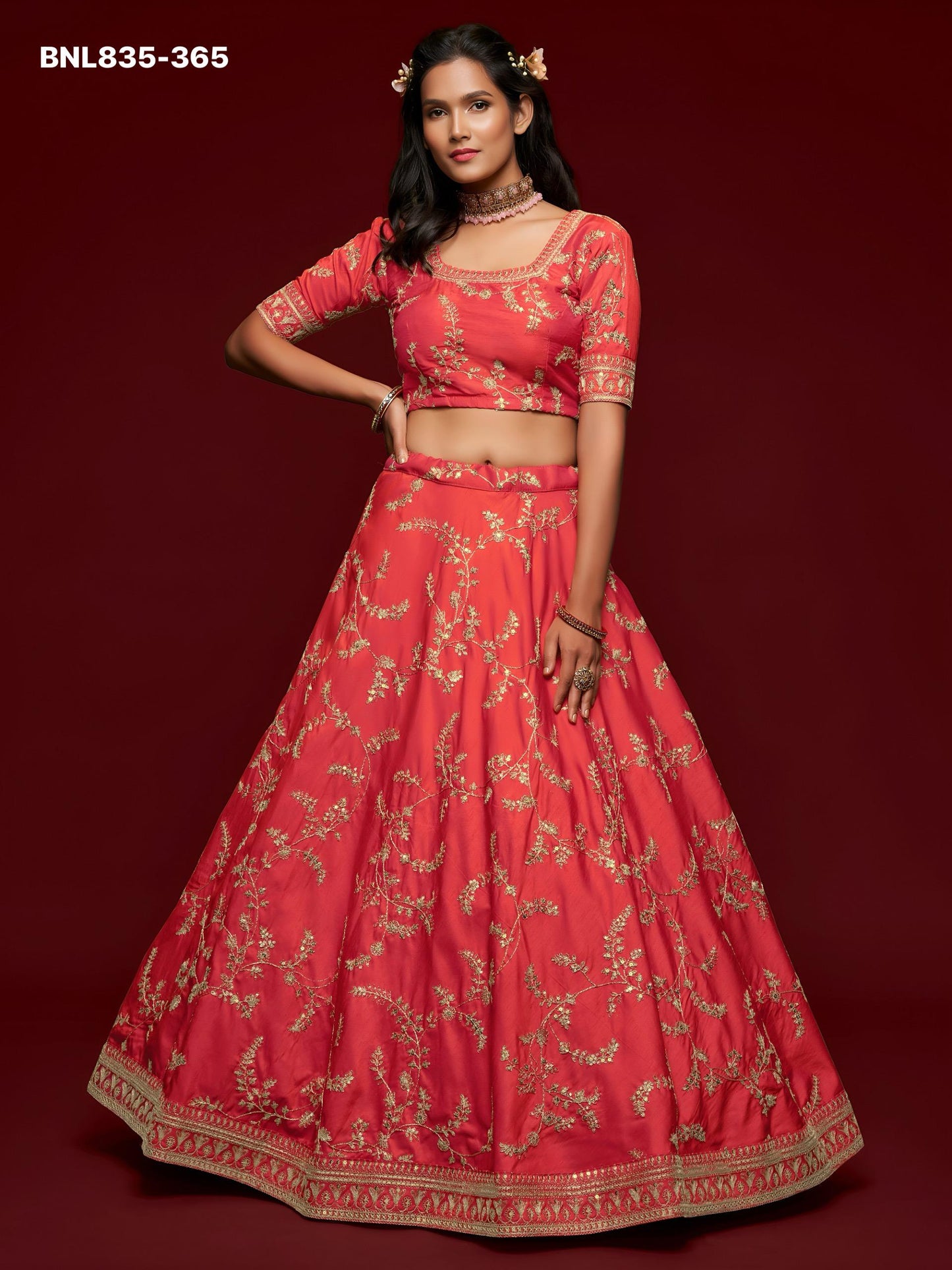 Coral Red Embroidered Designer Lehenga Choli - BNK835