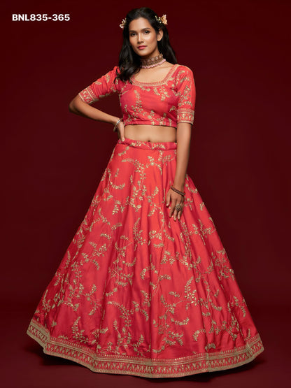 Coral Red Embroidered Designer Lehenga Choli - BNK835