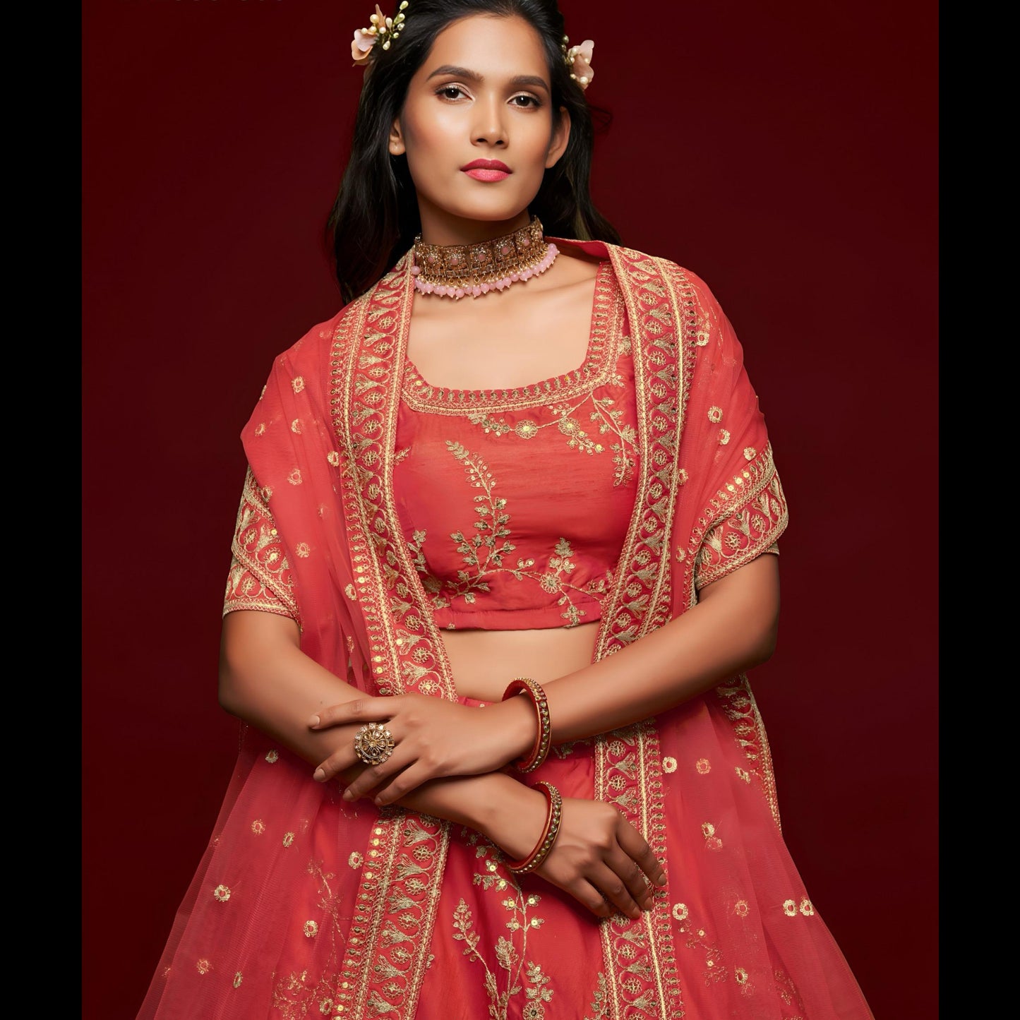 Coral Red Embroidered Designer Lehenga Choli - BNK835