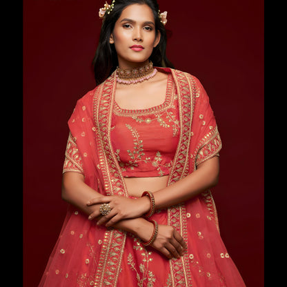 Coral Red Embroidered Designer Lehenga Choli - BNK835