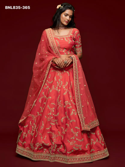 Coral Red Embroidered Designer Lehenga Choli - BNK835
