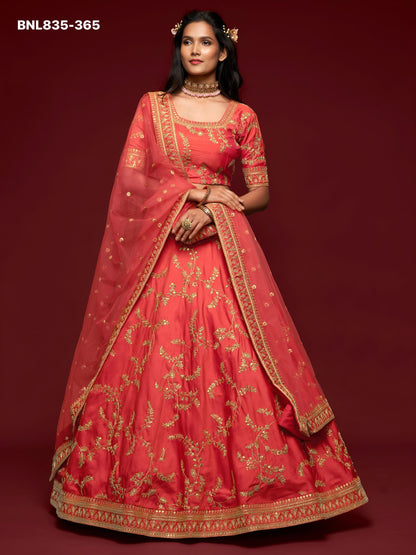 Coral Red Embroidered Designer Lehenga Choli - BNK835