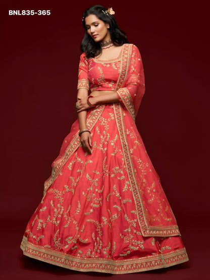 Coral Red Embroidered Designer Lehenga Choli - BNK835