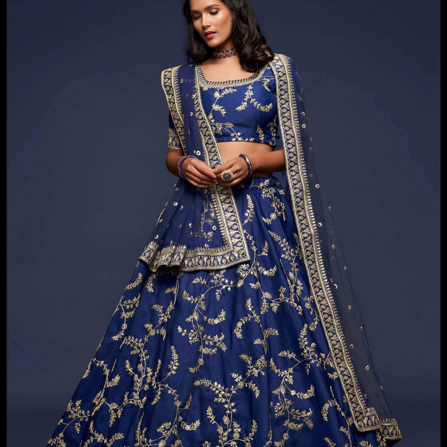 Navy Blue Embroidered Designer Lehenga Choli-BNL836