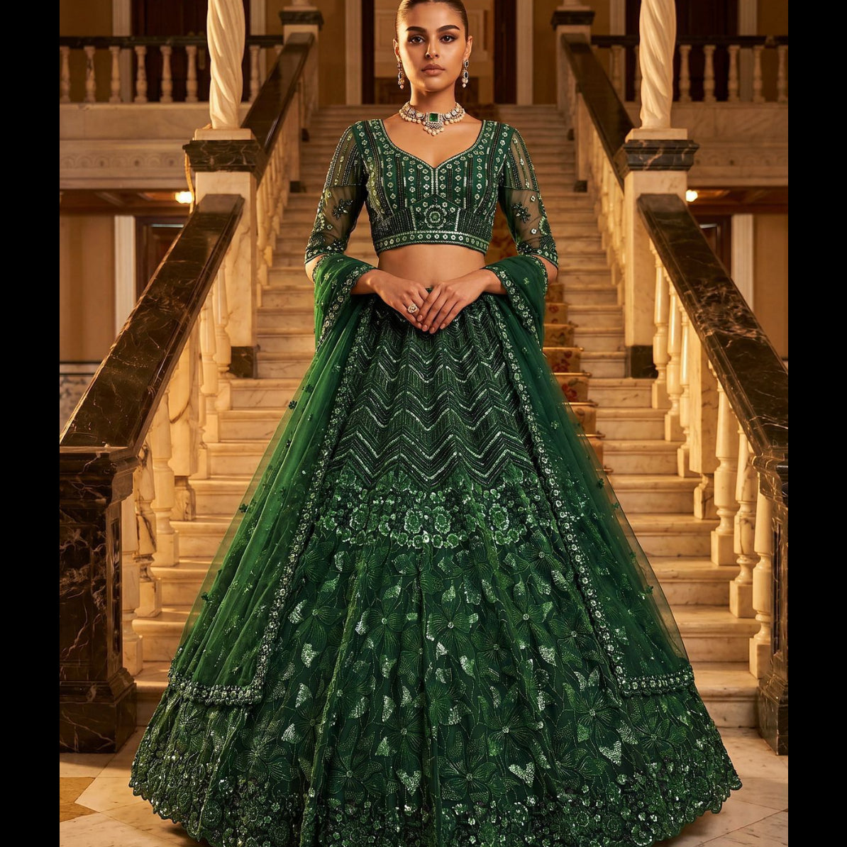 Emerald Empress Sequin Lehenga Choli - BNL838