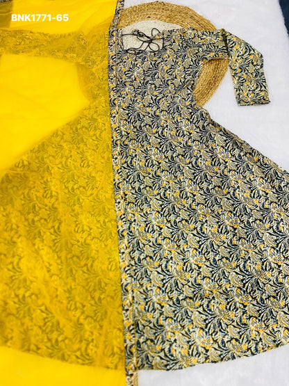 graceful Anarkali crafted from pure cotton hand-block printed Kalamkari fabric- BNK1771