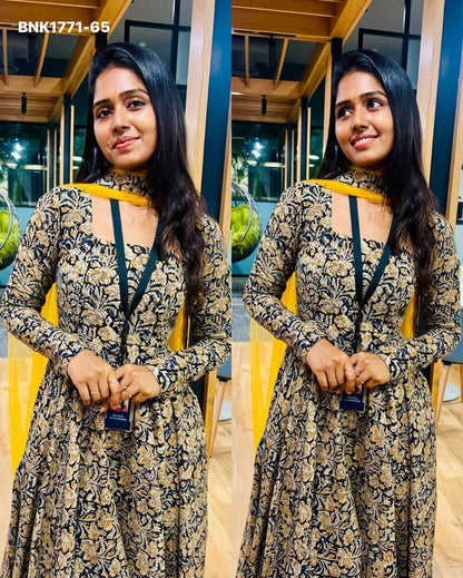 graceful Anarkali crafted from pure cotton hand-block printed Kalamkari fabric- BNK1771