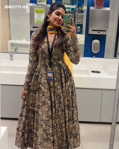 graceful Anarkali crafted from pure cotton hand-block printed Kalamkari fabric- BNK1771