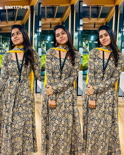 graceful Anarkali crafted from pure cotton hand-block printed Kalamkari fabric- BNK1771