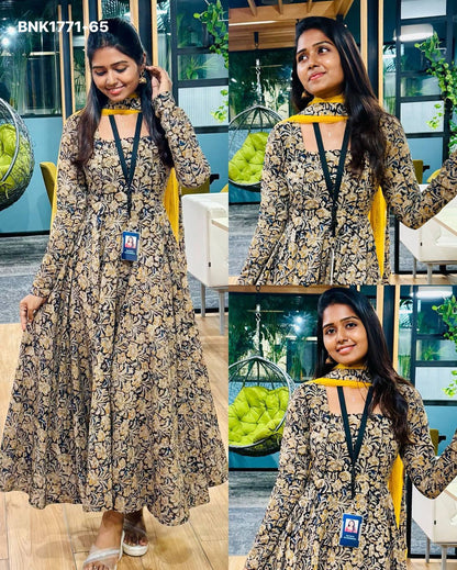 graceful Anarkali crafted from pure cotton hand-block printed Kalamkari fabric- BNK1771