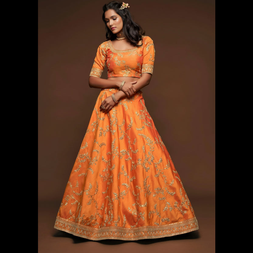 Lehenga Choli Orange Embroidered Designer - MBNL845