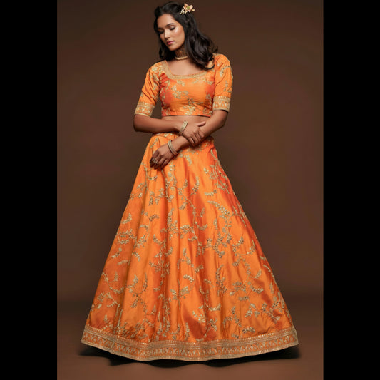 Lehenga Choli Orange Embroidered Designer - MBNL845