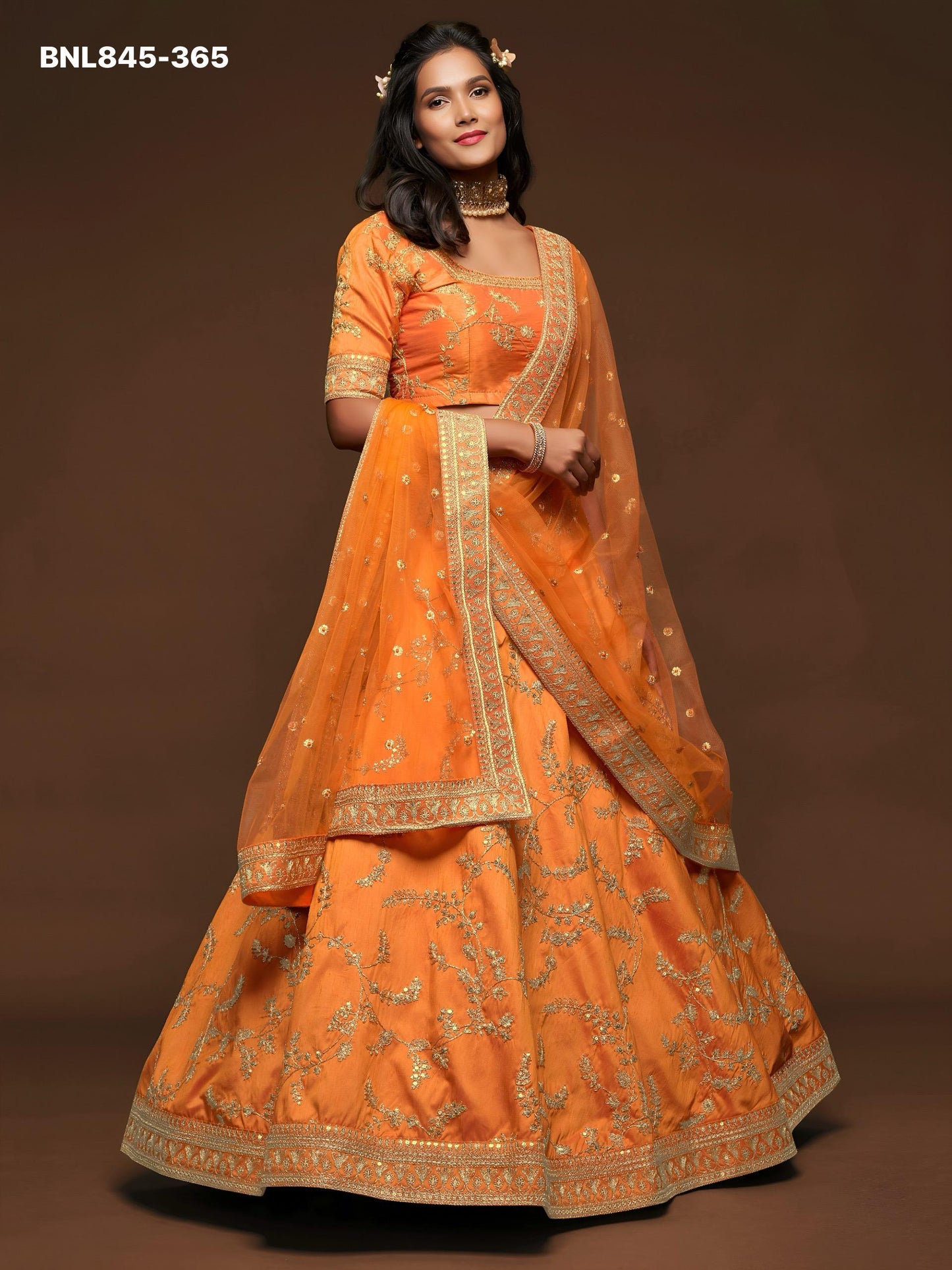 Lehenga Choli Orange Embroidered Designer - MBNL845
