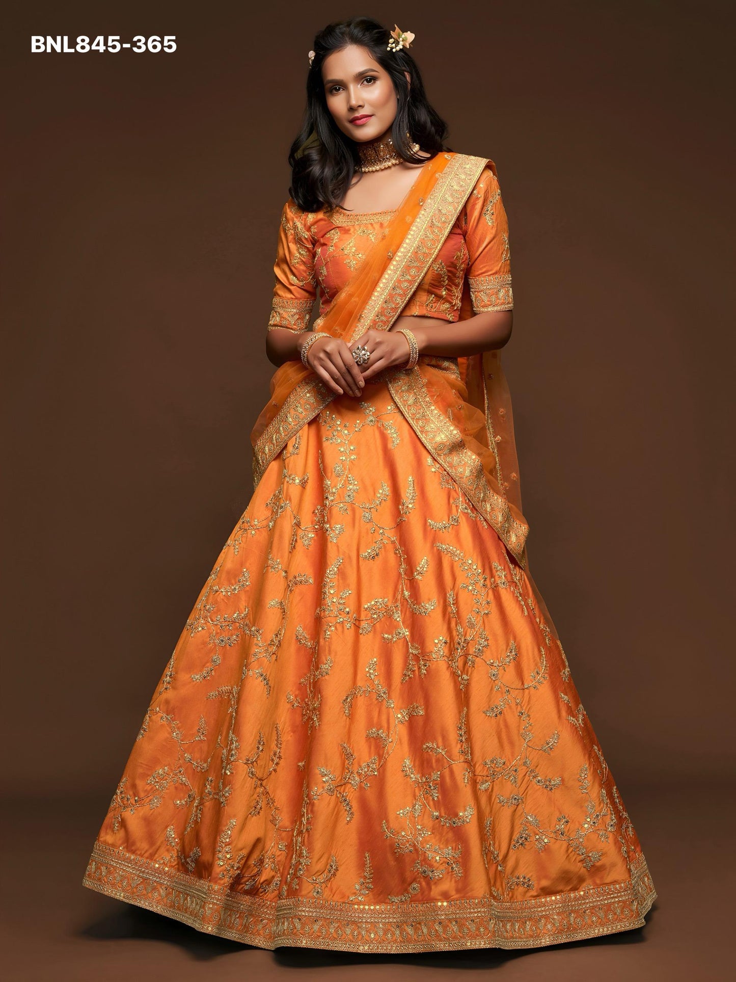 Lehenga Choli Orange Embroidered Designer - MBNL845