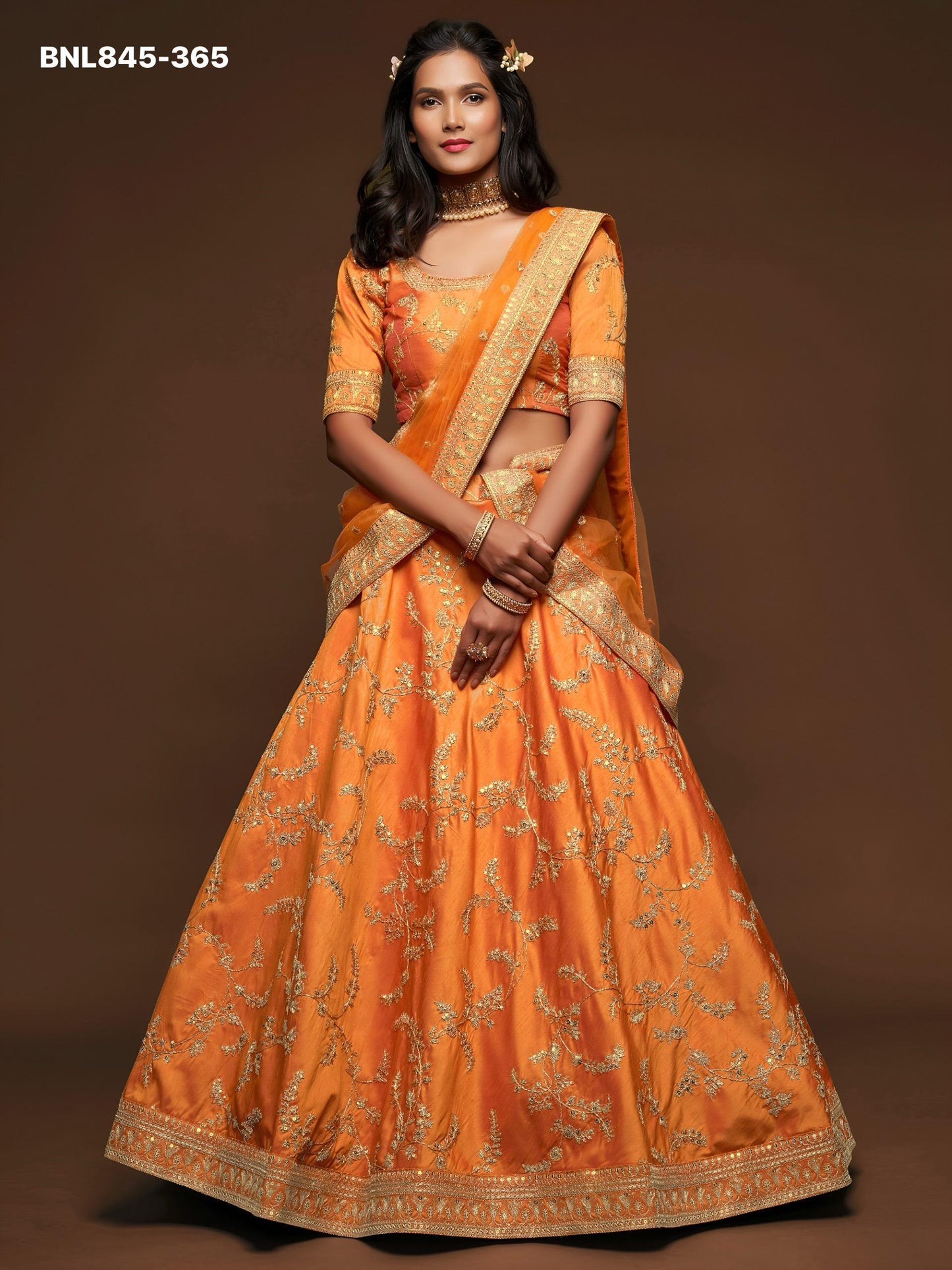 Lehenga Choli Orange Embroidered Designer - MBNL845