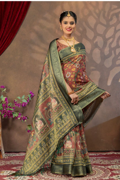 Premium Kanjivaram Erode Silk Saree with Kalamkari Digital Print Jacquard Border-MCLI001