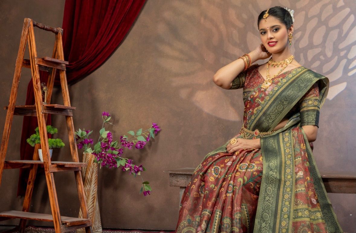 Premium Kanjivaram Erode Silk Saree with Kalamkari Digital Print Jacquard Border-MCLI001