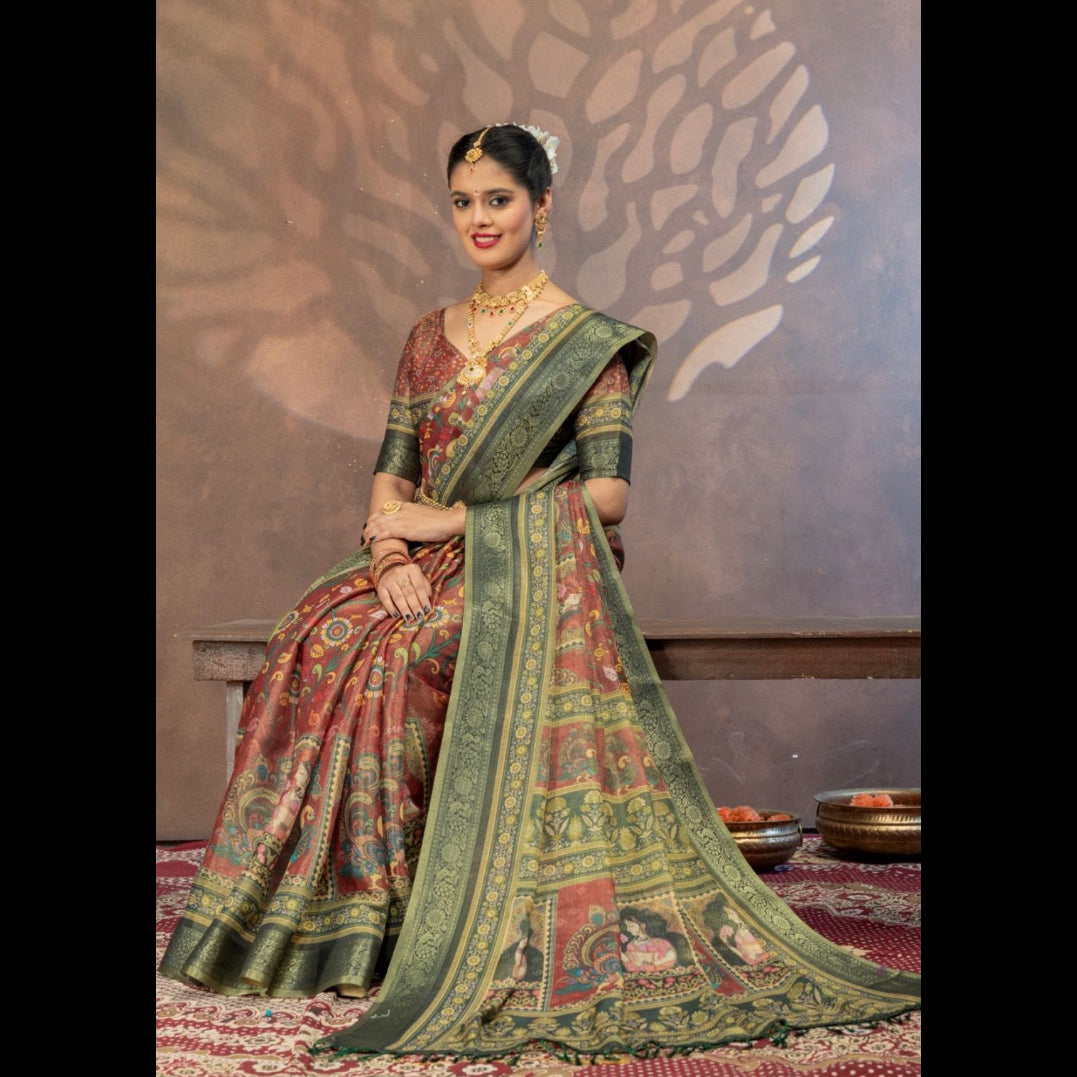 Premium Kanjivaram Erode Silk Saree with Kalamkari Digital Print Jacquard Border-MCLI001