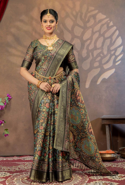 Premium Kanjivaram Erode Silk Saree with Kalamkari Digital Print Jacquard Border-MCL002
