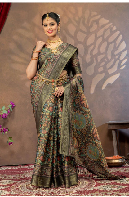 Premium Kanjivaram Erode Silk Saree with Kalamkari Digital Print Jacquard Border-MCL002