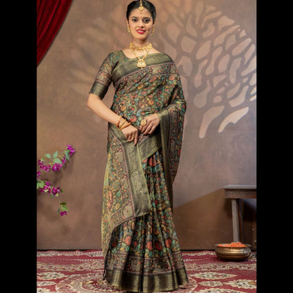 Premium Kanjivaram Erode Silk Saree with Kalamkari Digital Print Jacquard Border-MCL002