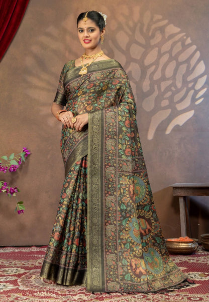 Premium Kanjivaram Erode Silk Saree with Kalamkari Digital Print Jacquard Border-MCL002