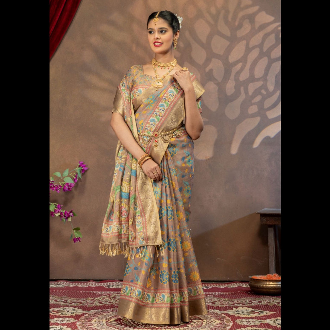 Premium Kanjivaram Erode Silk Saree with Kalamkari Digital Print Jacquard Border-MCL003