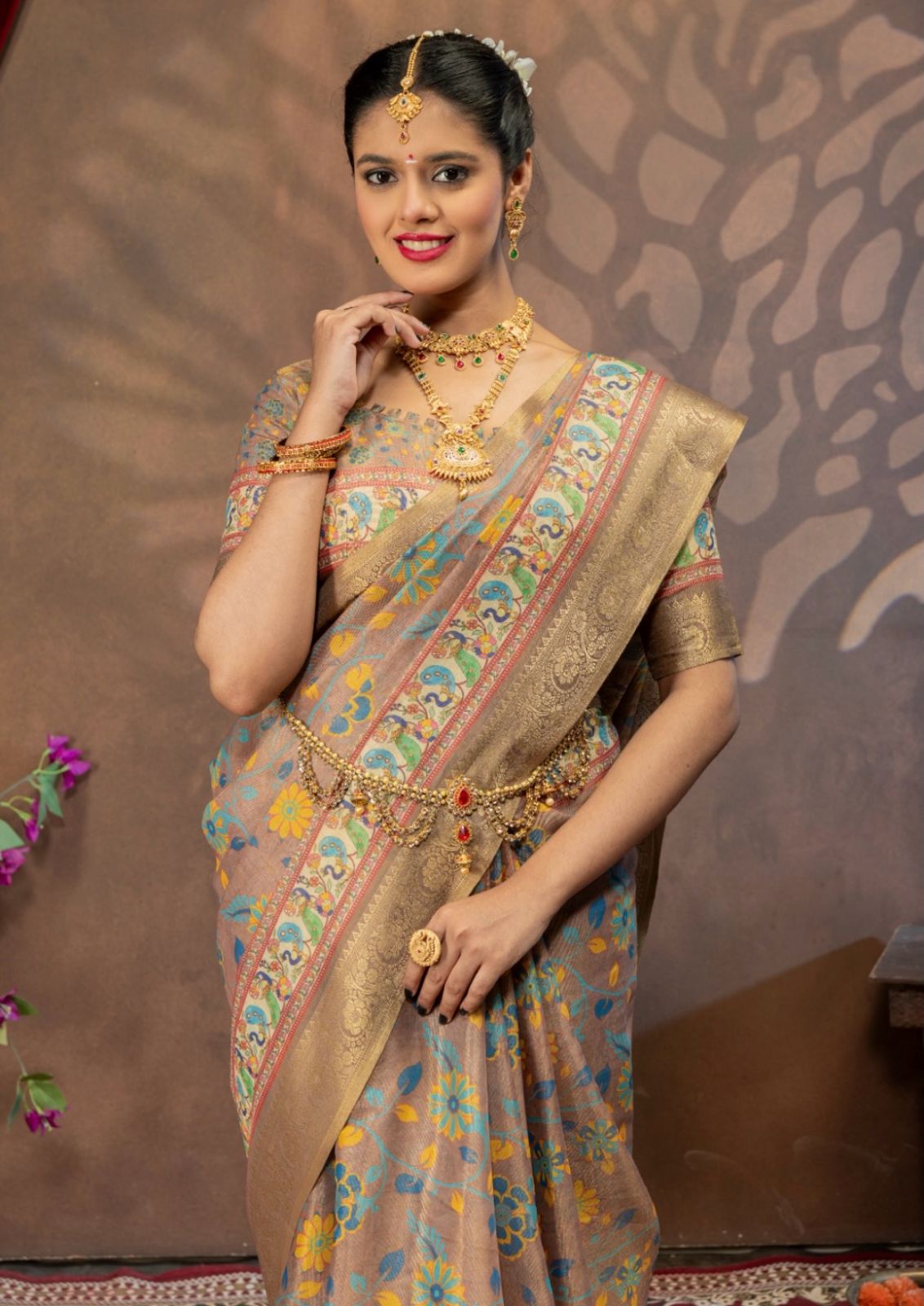 Premium Kanjivaram Erode Silk Saree with Kalamkari Digital Print Jacquard Border-MCL003