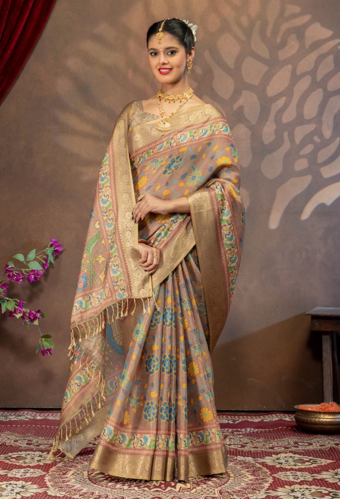 Premium Kanjivaram Erode Silk Saree with Kalamkari Digital Print Jacquard Border-MCL003
