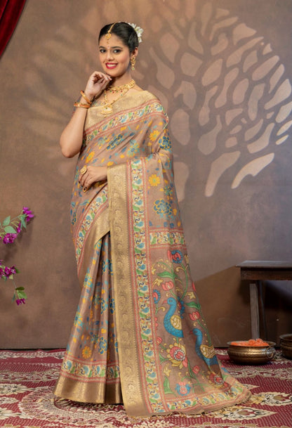 Premium Kanjivaram Erode Silk Saree with Kalamkari Digital Print Jacquard Border-MCL003