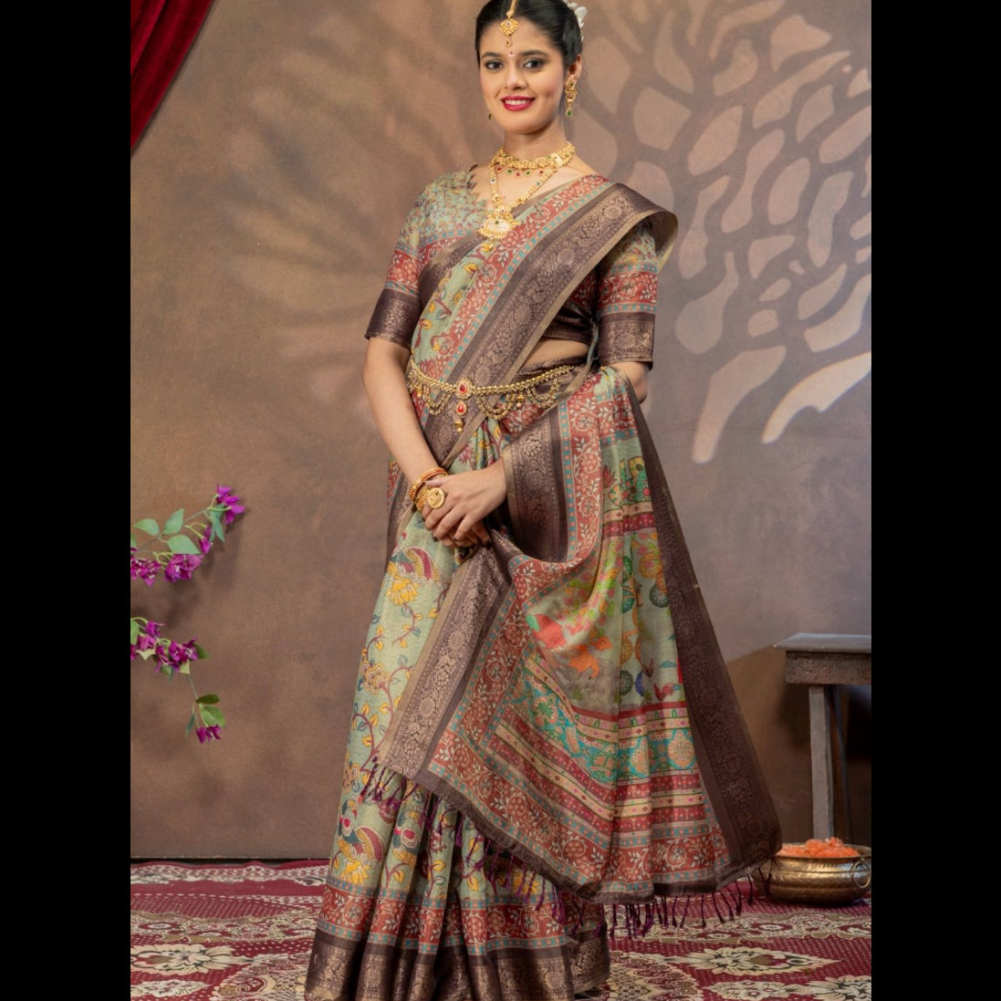 Premium Kanjivaram Erode Silk Saree with Kalamkari Digital Print Jacquard Border-MCL004