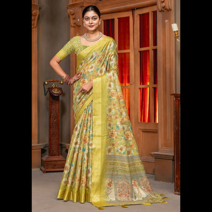 Premium Kanjivaram Erode Silk Saree with Vintage Yellow Floral Digital Print &Jacquard Border: MCL001
