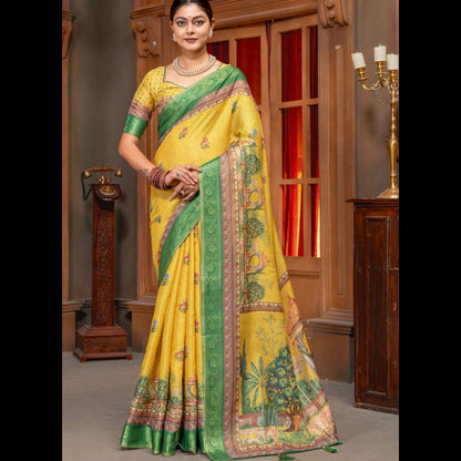 Premium Kanjivaram Erode Silk Saree with Vintage Yellow Floral Digital Print &Jacquard Border: MCL002 (Copy)