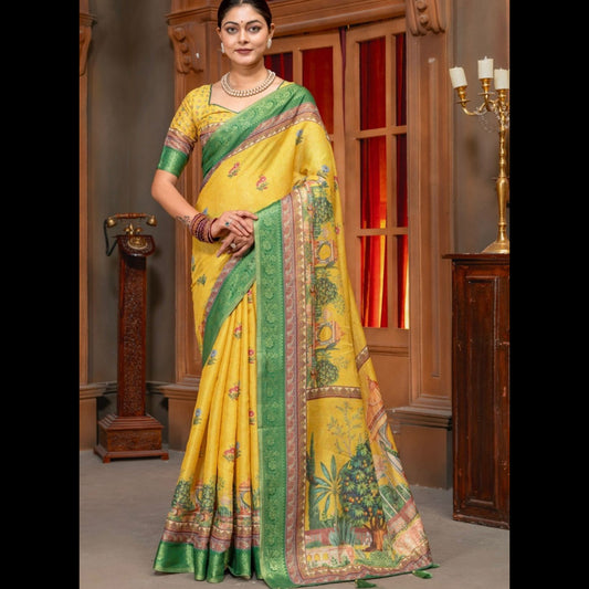 Premium Kanjivaram Erode Silk Saree with Vintage Yellow Floral Digital Print &Jacquard Border: MCL002 (Copy)