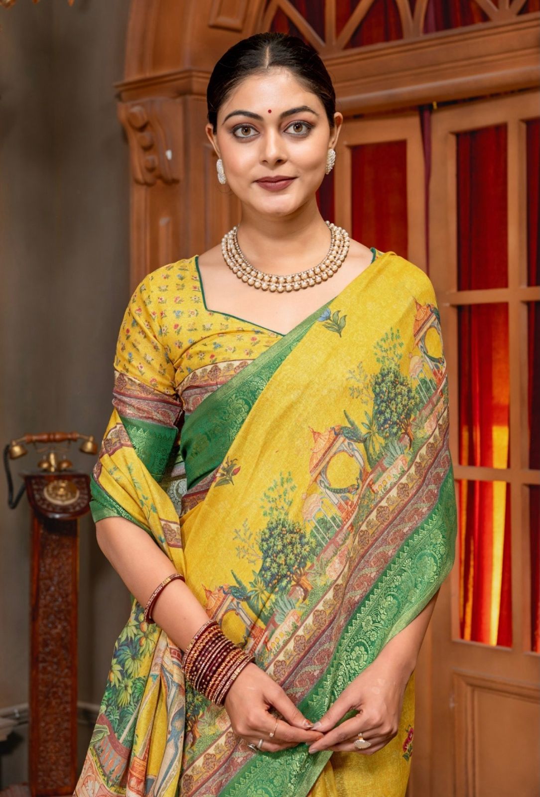 Premium Kanjivaram Erode Silk Saree with Vintage Yellow Floral Digital Print &Jacquard Border: MCL002 (Copy)