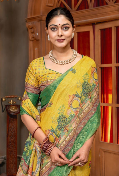 Premium Kanjivaram Erode Silk Saree with Vintage Yellow Floral Digital Print &Jacquard Border: MCL002 (Copy)