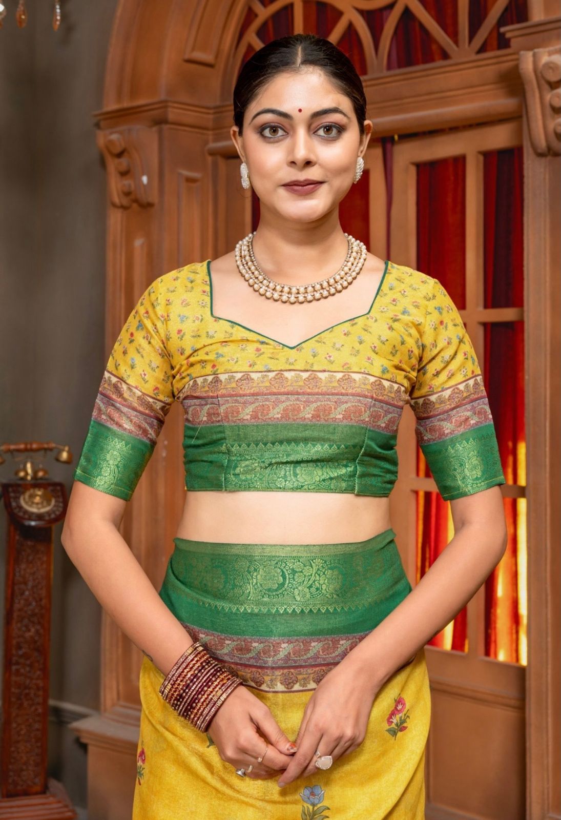Premium Kanjivaram Erode Silk Saree with Vintage Yellow Floral Digital Print &Jacquard Border: MCL002 (Copy)