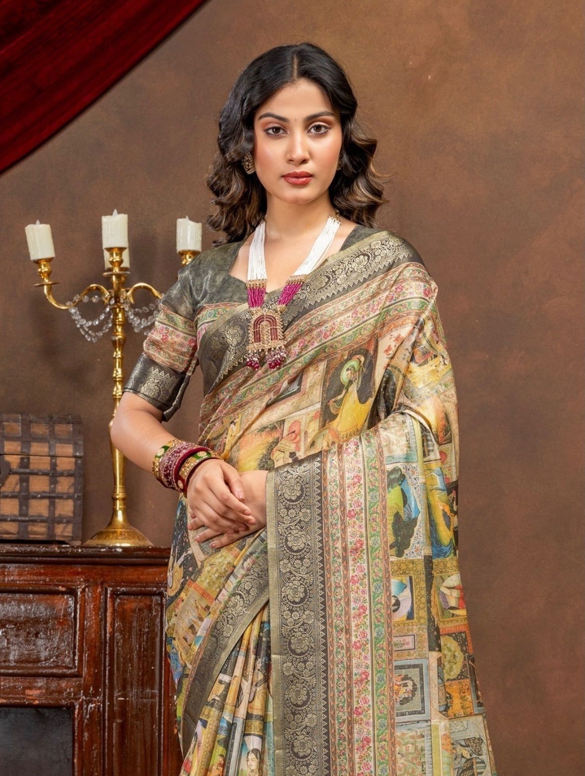 Premium Kanjivaram Erode Silk Saree with Vintage Yellow Floral Digital Print &Jacquard Border: MCL003
