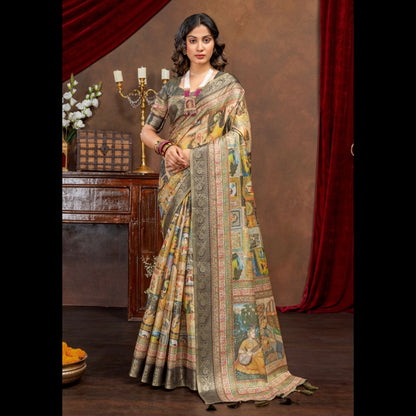 Premium Kanjivaram Erode Silk Saree with Vintage Yellow Floral Digital Print &Jacquard Border: MCL003