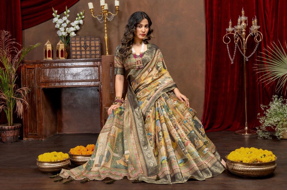 Premium Kanjivaram Erode Silk Saree with Vintage Yellow Floral Digital Print &Jacquard Border: MCL003